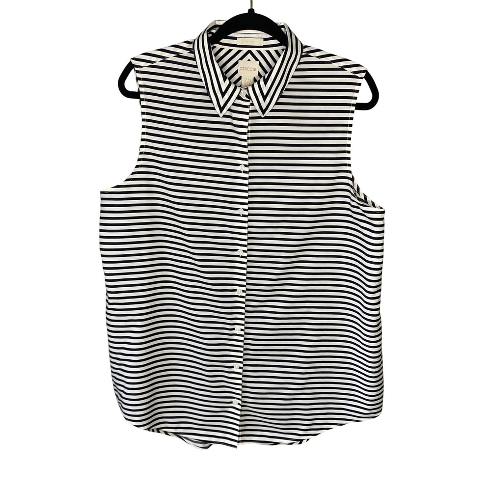 Chico's No-Iron Sleeveless Striped Button Down Shirt Black White Size 2.5 XL